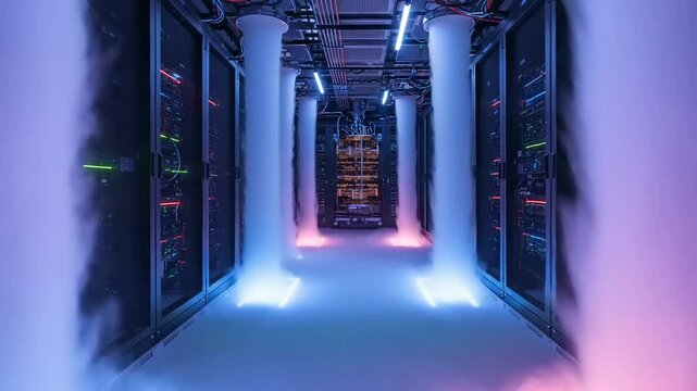 Futuristic server room with glowing lights and cooling technology for data processing - Powered by Adobe
