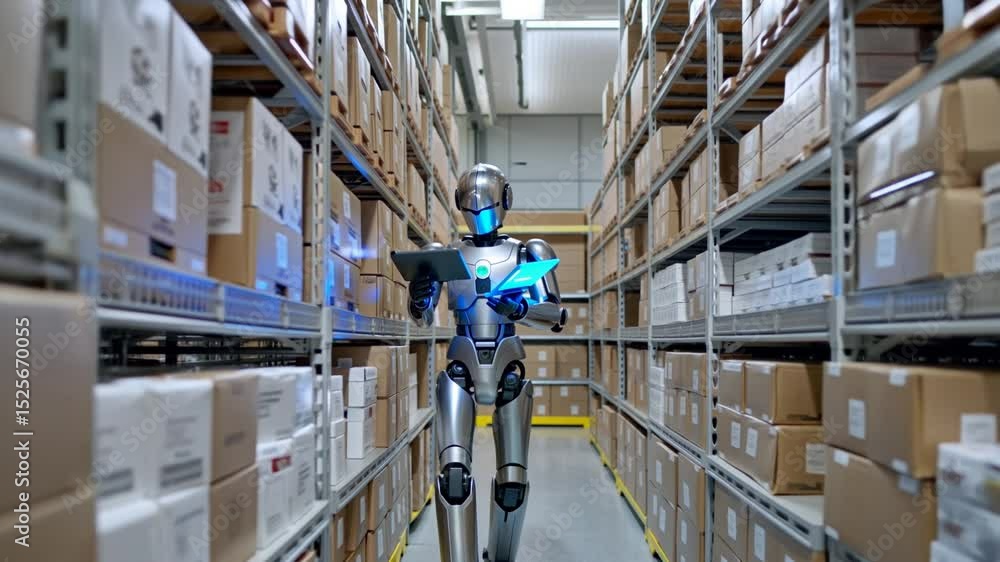 Poster a futuristic robot managing inventory in a warehouse setting, emphasizing automation and technology.