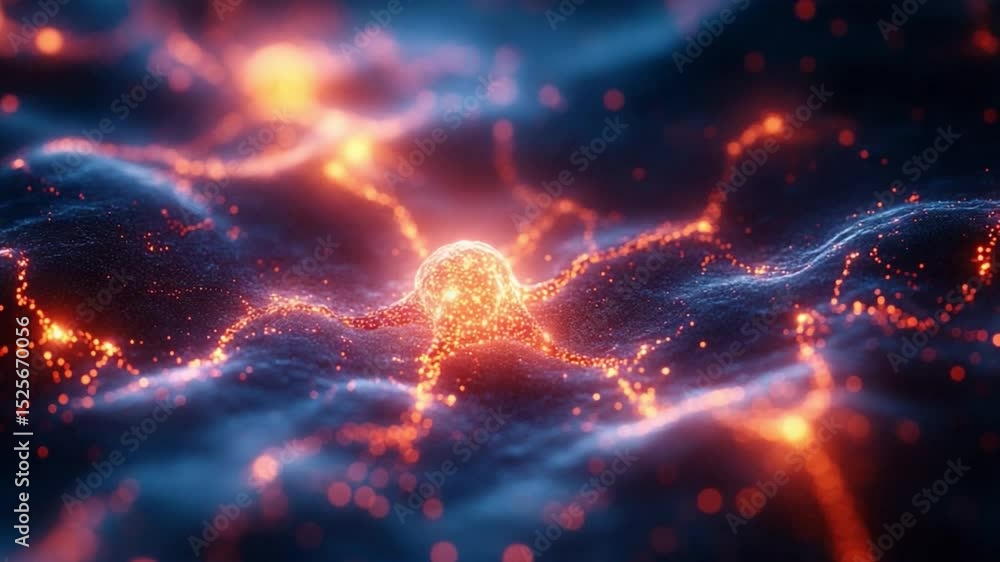 Poster Abstract Neuronal Network: A captivating view into the complex world of interconnected neurons, rendered in vibrant shades of orange and blue.