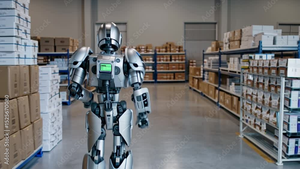 Poster a futuristic robot standing in a warehouse, surrounded by shelves filled with boxes. the robot appea