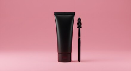 Black Cosmetic Tube Mockup with Mascara Wand on Pink Background