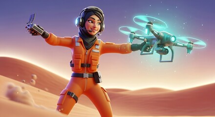 Obraz premium Futuristic Female Drone Pilot in Desert Landscape