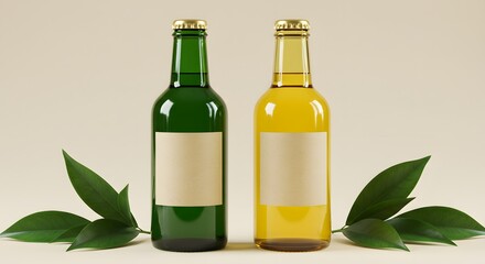 Two Beer Bottles with Blank Labels and Green Leaves - Mockup for Branding and Beverage Product Promotion