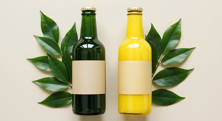 Two Glass Bottles with Labels and Green Leaves - Mockup for Juice, Soda, or Beverage Branding