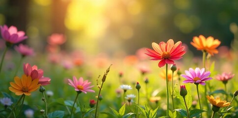 Serene nature scene depicting vibrant wildflowers bathed in sunlight, symbolizing healing and renewal Perfect for wellness, spa, and holistic health themes , balance, colors