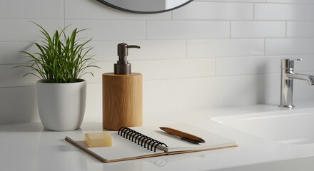 Modern Bathroom Countertop Still Life with Soap Dispenser, Notebook, Pen, Plant, and Sink