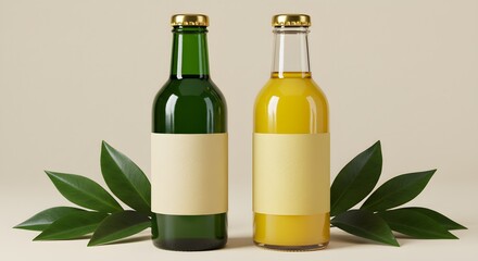 Two Glass Beer Bottles Mockup, Amber and Green, with Blank Labels and Green Leaves