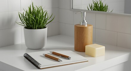 Bathroom Countertop Still Life with Soap Dispenser, Potted Plant and Open Notebook