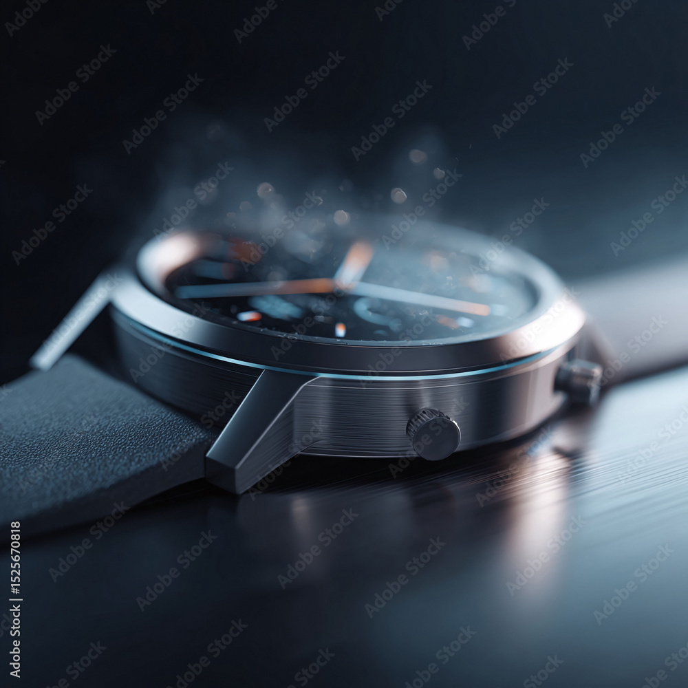 Poster sleek wristwatch on a dark surface, highlighted with ethereal light. a conceptual image representing