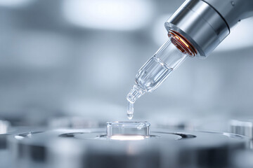 Precision liquid handling with pipette and vial on futuristic platform. Represents science, research, technology, and innovation. Ideal for healthcare.