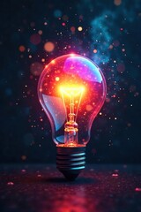 A lightbulb bursts with vibrant, multicolored light rays, illuminating a dark background Symbolising innovative thinking and creative breakthroughs , shine, glow, new idea
