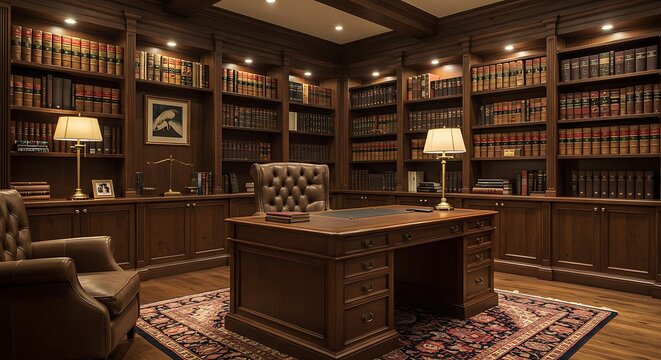 High-end lawyer's office with dark wood panels, leather desk chair, classic lamps, and legal books
