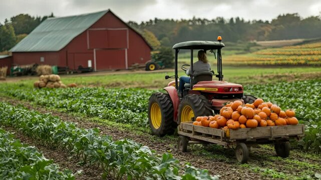 Tractor pulling a wagon full of pumpkins through a farm field with barn in background, perfect for fall harvest concepts.

