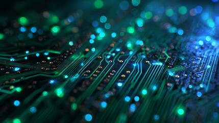 Circuit board with glowing blue green lines