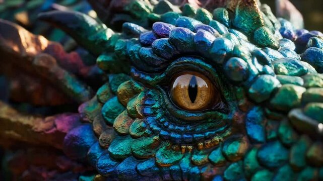Colorful, detailed macro zoom video of a dragon head with focus on the eye.