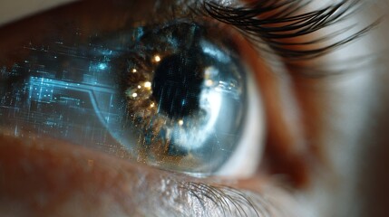 Human eye reflecting futuristic digital interface elements. Technology background