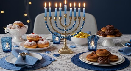 Hanukkah Table Setting with Menorah, Donuts, and Blue Decorations for Jewish Holiday Celebration