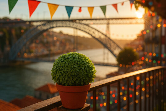 Symbol of S&atilde;o Jo&atilde;o: Manjerico Framed by the Dom Lu&iacute;s I Bridge at Dusk, Overlooking the Douro River During Porto&rsquo;s Beloved Festivities.

