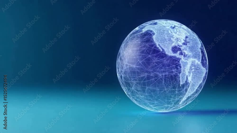 Poster Global Digital World: A mesmerizing, low-angle digital rendering of Earth glows, highlighting the connectivity of continents and a seamless flow of global data.