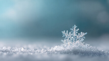Closeup of a delicate snowflake on snow against a cool blue background. Represents winter, purity, and uniqueness. Ideal for holiday cards, winter promotions and seasonal designs.