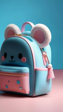 A blue and pink backpack with a cartoon face of a mouse. The backpack is decorated with stars and has a gold zipper pull