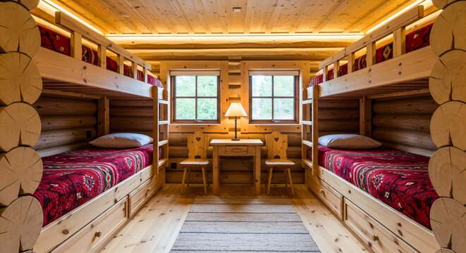 Log cabin bedroom with wooden bunk beds, a table, chairs, and windows.
