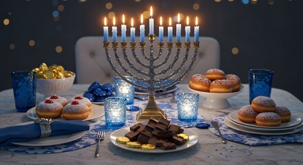 Hanukkah Celebration Table with Menorah, Sufganiyot, Gelt and Decorations