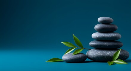 Zen Stone Stack with Green Leaves on Blue Background - Spa Wellness and Balance Concept