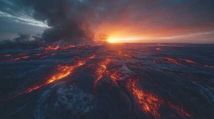 Fototapeta premium Molten landscape, fiery sunset over volcanic flows.