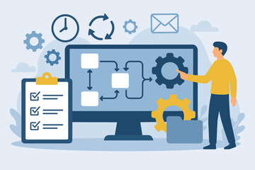 Automated workflow efficiency concept. Man managing process on computer. Business automation, project management, task optimization, productivity boost, system flowchart. Vector illustration.