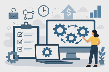 Automated workflow optimization. Businesswoman managing digital processes with gears, checklist, financial growth chart, and efficiency tools. Technology improving productivity concept.