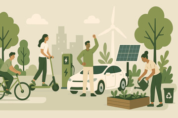 Eco-friendly living concept with sustainable urban lifestyle. People using renewable energy, electric car, bicycle, scooter, solar panel, wind turbine, recycling, and urban gardening. Green city.