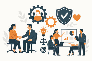 Effective Business Collaboration: Teamwork, Strategy & Partnership. Corporate professionals in meetings, handshake deals, analyzing data charts. Icons for innovation, goals, trust & process.