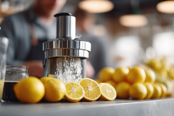 Fresh squeezed juice prep. Modern juicer with ripe lemons. Healthy lifestyle, vitamins, and wellness concept. Ideal for food, diet, and drink imagery.