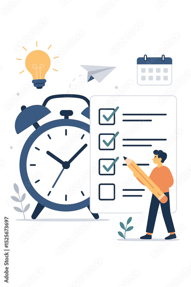 Poster time management and effective task organization concept. man with pencil checks to-do list. business