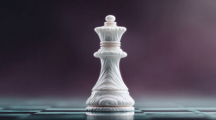 Elegant queen chess piece on a reflective board against a soft, blurred background. Symbolizing strategy, power, and decisionmaking. Ideal for business, leadership concepts.