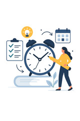 Time management concept with woman planning work schedule. Effective task organization for productivity. Business character with clock, checklist, calendar and pencil for project management.