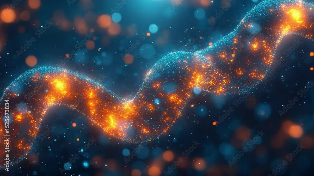 Poster Genetic helix: A mesmerizing depiction of a digital genetic helix, illuminated with a radiant array of blue and orange particles.