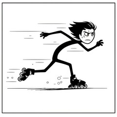 Black and White Cartoon Character on Roller Skates in Motion