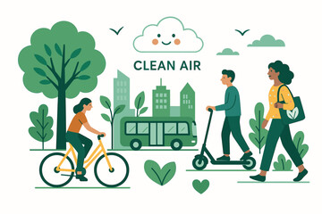 Sustainable urban mobility for clean air. Eco friendly transport concept with people riding bicycle, electric scooter, and walking. Green city lifestyle and ecology vector illustration.