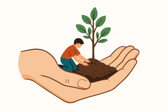 Tiny boy planting tree in soil held by a large protective hand. Vector concept for nature conservation, environmental care, growth, sustainability, and Earth Day. Future hope. - Powered by Adobe