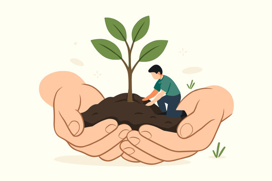 Hands holding soil where a tiny person plants a tree. Concept of environmental care, nature protection, sustainability, and growth. Vector illustration for Earth Day. - Powered by Adobe