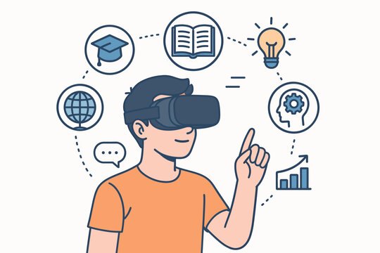 Virtual reality education concept. Student with VR headset in immersive e-learning environment. Modern technology for online school, knowledge, and futuristic study with learning icons.
