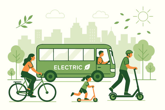 Eco friendly urban mobility. Sustainable city transport concept. People on bicycle, electric scooter. Public transport with electric bus. Green energy. Clean future. Family active lifestyle.