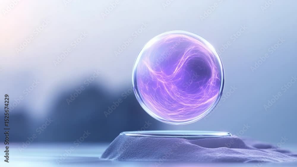 Poster ethereal orb: a captivating glass sphere floats above a minimalistic pedestal. the scene exudes a tr