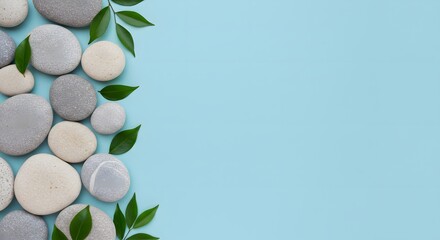 Spa Stones with Green Leaves on Light Blue Background, Flat Lay Wellness Relaxation