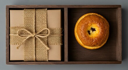 Gift Box and Fresh Baked Bagel in Wooden Tray - Food Delivery or Bakery Concept