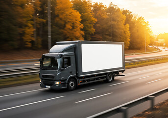 Mobile Advertising Blank Truck Side Ad Space on Highway during Golden Hour