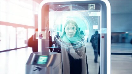 Woman pays at airport kiosk using facial recognition with high-tech HUD display - Powered by Adobe