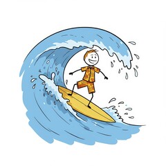 Cartoon Surfer Riding a Big Wave in Hawaiian Shirt, Sunny Day